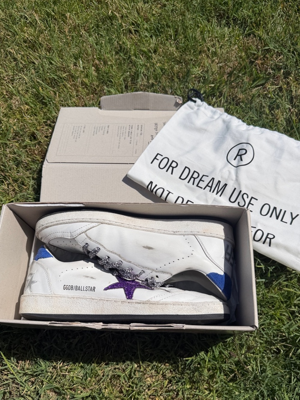 Golden Goose Ballstar White Leather Sneakers with Purple Star and Blue Heel